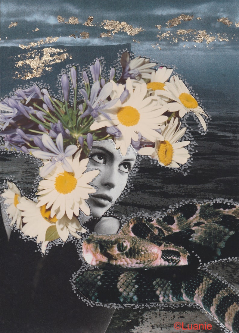 INNOCENT DANGER Collage SIGNED Original Artwork Mixed Media Outsider Art 5X7 By Found Object Artist Luanie LA102