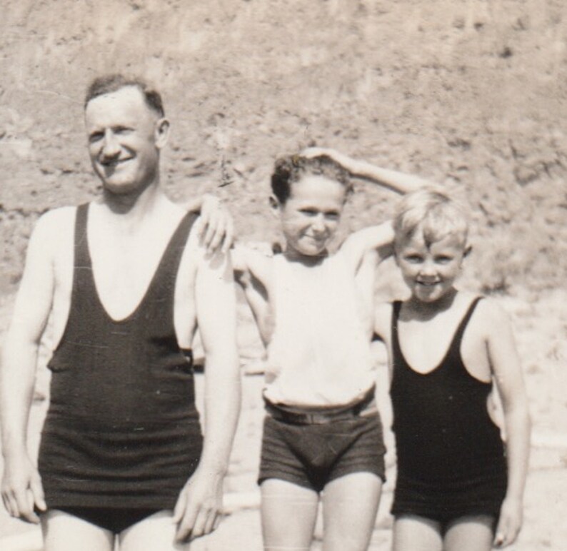 2 Men 2 Boys on the Sandy Bank in Old Fashioned Bathing Suits Vintage Photograph Original Black and White Photo Snapshot H-189