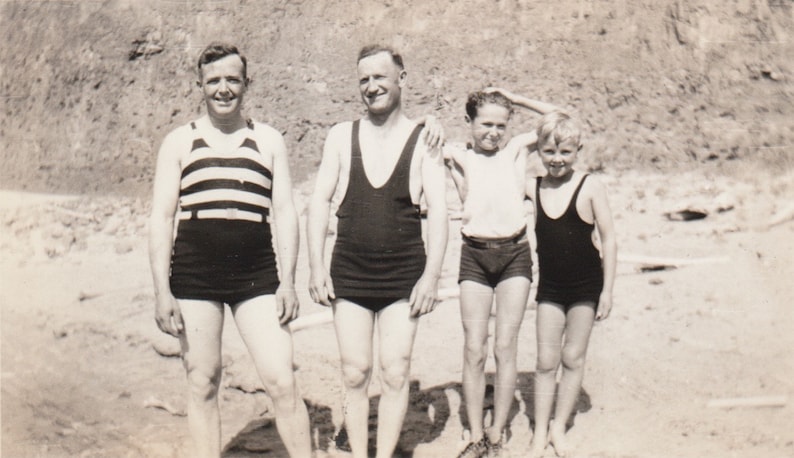 2 Men 2 Boys on the Sandy Bank in Old Fashioned Bathing Suits Vintage Photograph Original Black and White Photo Snapshot H-189