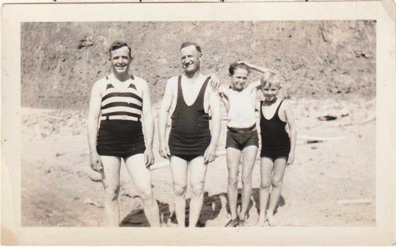 2 Men 2 Boys on the Sandy Bank in Old Fashioned Bathing Suits Vintage Photograph Original Black and White Photo Snapshot H-189