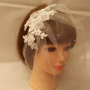 Birdcage veil, Wedding Bridal hairpiece White,IvoryVintage inspired bridal accessory 2 pc Busher veil &  fascinator,crystal Rhinestone,pearl