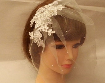 Bridal Tulle Birdcage Veil: Vintage Lace Fascinator, face veil with lace motif