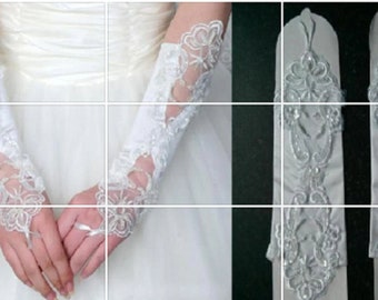 Bridal Gloves White Pearl Beads Soft Lace stretchy Satin Wedding Fingerless Bridal Gloves White & Ivory gloves finger less bridal gloves