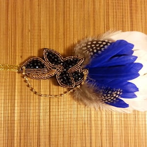Faixa de cabeça de pena vintage dos anos 1920: aplique de cabelo estilo Gatsby estilo melindrosa de cristal azul