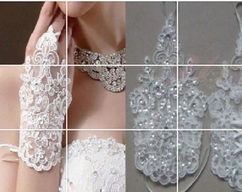 Bridal diamonte - Rhienstone & sequins gloves. Soft Lace Wedding Fingerless Bridal Gloves. Fashion gloves Off White, Red bridal gloves