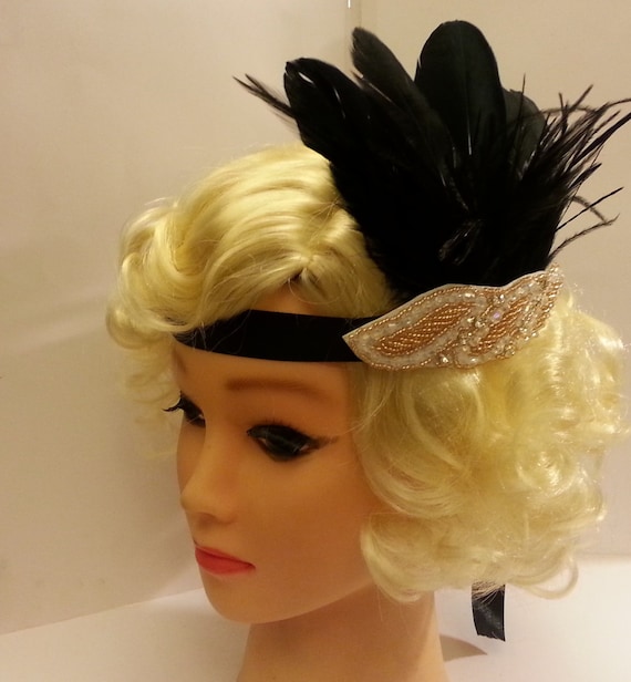 Vintage 1920s Flapper Headband: Feather Crystal Bridal  display picture 1