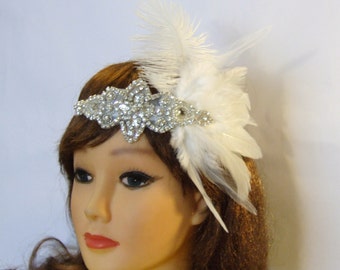 Gatsby headband Vintage inspired 1920's Bridal sparkly Crystal and feather Flapper headband.White,Ivory,Black wedding Fascinator hair piece