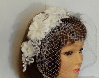 Birdcage veil, Wedding hairpiece, fascinator, Vintage inspired 2Pc bridal accessory Busher veil  Lace flowers pearls and Crystals fascinator