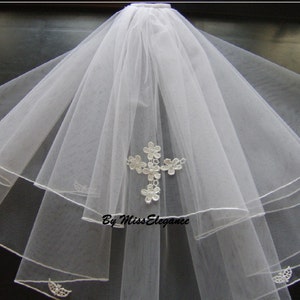Kommunion Schleier 2 Tier mit Kreuz Motiv Bleistift Rand Ellenbogen Länge 25 &quot;MÄDCHEN Schleier Elfenbein #KOMMUNION SCHLEIER Mädchen Dreifaltigkeit