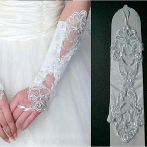 Bridal Gloves White Pearl Beads Soft Lace stretchy Satin Wedding Fingerless Bridal Gloves White & Ivory gloves finger less bridal gloves