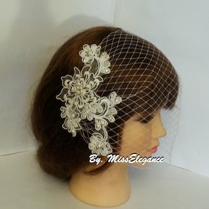 Birdcage veil, Wedding Bridal hairpiece,  White Ivory Vintage bridal accessory,  Busher veil  lace fascinator, crystal Rhinestone,pearl veil