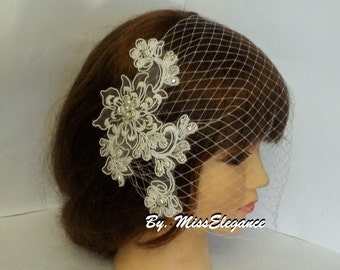 Birdcage veil, Wedding Bridal hairpiece,  White Ivory Vintage bridal accessory,  Busher veil  lace fascinator, crystal Rhinestone,pearl veil