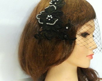 Black Birdcage Veil: Lace Fascinator, French Net Bridal Hair Accessory