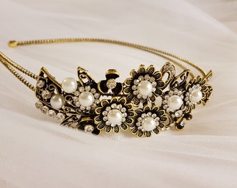 1920s Inspired side Tiara Headband, Antique gold diamante flower Alice band, Encrusted crystal & Pearl Precious Side Tiara Vintage headband