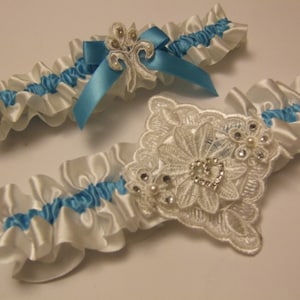 Bridal wedding Garter SET of 2 garter. Something blue Garter.Pearl Diamante sparkly heart  Size - Regular Medium Large X.large