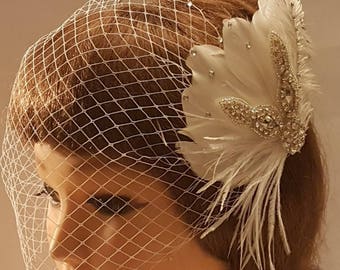 Birdcage veil with Feather Fascinator Wedding Fascinator #Bridal White, Ivory Birdcage veil Fascinator Wedding Hair Clip Bridal fascinator