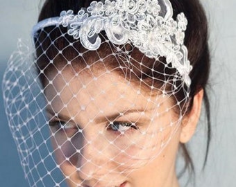 Bridal Birdcage veil Blusher veil 9" Veil White,Ivory #birdcage veil Bandeaue style Gatsby 1920's  2 Pc Set Veil & 3D Crystal Lace Hair clip