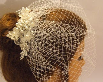 Bridal Birdcage veil #Birdcage veil & Bridal hair comb Crystal and Pearl Hairvine headpiece with Blusher veil. Wedding hair Accessory