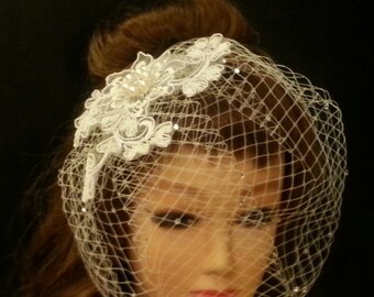 Vintage Lace Birdcage Veil: Crystal Pearl Bridal Hairpiece
