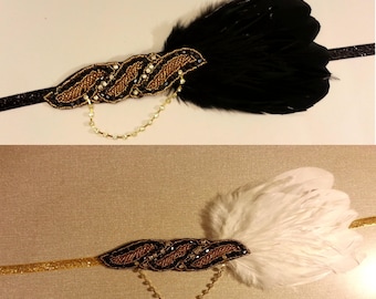 Flapper Dress fascinator Headpiece Great Gatsby Dress Headband 1920 Headband. Gold tone Sparkly Feather Flapper Hairband, Feather fascinator