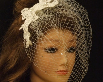 Ivory Birdcage veil, White Wedding Bridal hairpiece, Vintage inspired bridal accessory, Busher veil lace fascinator, crystal pearl cage veil