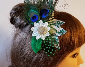 1920s Flapper Feather Headband - Roaring 20s Peacock Hair Accessory With Rhinestones & Hair Clip