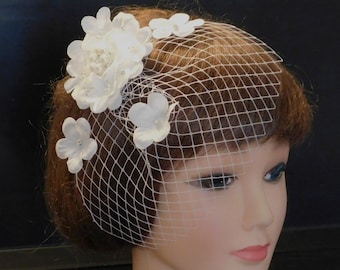 Fascinatror, White, Ivory, Lace Crystal Pearl jewel Mini visor birdcage veil headband, Bridal headpiece,  Bridal Hair comb, Bridal hairclip