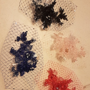 White, Ivory, blue,black, red birdcage veil fascinator