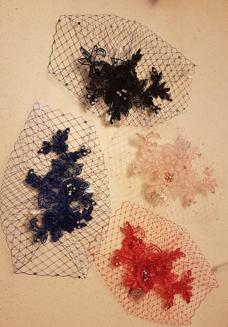 White, Ivory, blue,black, red birdcage veil fascinator