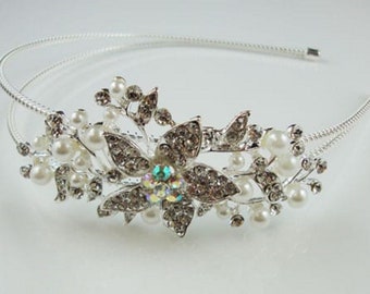 1920s Inspired side Tiara Headband Exquisitely Precious Bridal vintage headband encrusted diamante stones and Pearl on silver frame