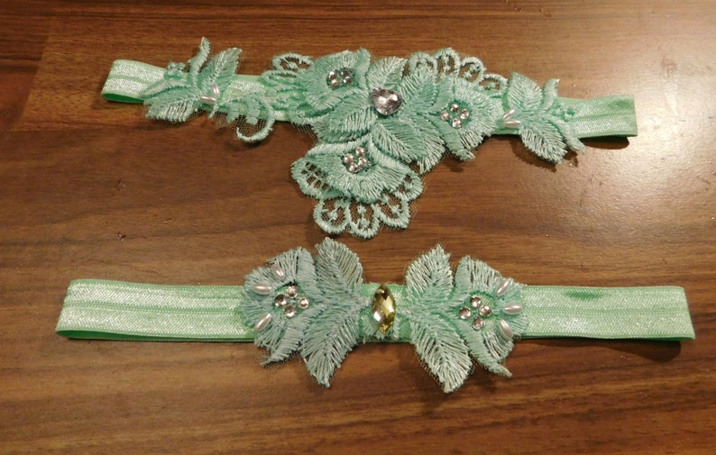 Bridal wedding Garter set.Embroidered Green stretchy Garterear. Pearl Diamant sparkly heart Rhienstone Size Regular Medium Large X.large image 2
