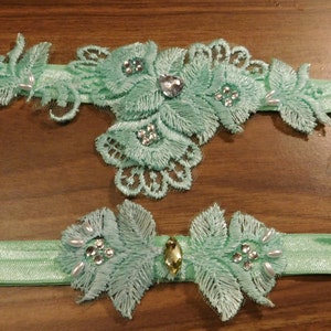 Bridal wedding Garter set.Embroidered Green stretchy Garterear. Pearl Diamant sparkly heart Rhienstone Size Regular Medium Large X.large image 1