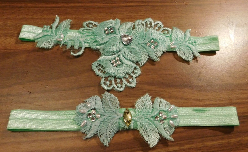 Bridal wedding Garter set.Embroidered Green stretchy Garterear. Pearl Diamant sparkly heart Rhienstone Size Regular Medium Large X.large image 1