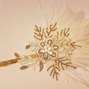 Gatsby Headband, 1920s Flapper Headpiece, Bridal wedding fascinator, Crystal Beaded GOLD tone 1920s 40s sparkly & Feather boho headband