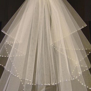 Bridal Veil Wedding Veil 2 Tier Shoulder-Cathedral length SHIMMERY White / Ivory CUT Edge.Pearls or Diamonte edge  w detachable comb & Loops