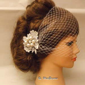 Boho Gatsby birdcage veil, 1920s Wedding Lace Flower Crystal, Pearl Hairclip, Bridal Blusher, Birdcage Veil,  French net veil, White Ivory