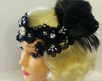 1920s Gatsby Headband, Flapper Dress fascinator, Black Headpiece, 1920 Headband, crystal & Pearls Feather Fascinator, Black Boho headpiece