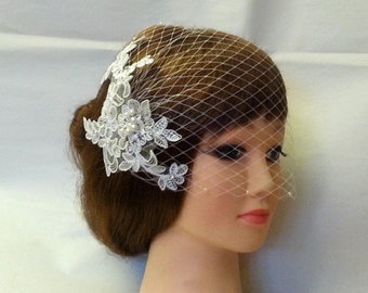 Birdcage veil Wedding veil Bridal hairpiece White Ivory Vintage inspired bridal  Busher veil with lace crystal Rhinestone,pearl Fascinator