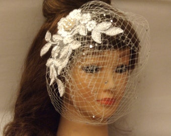 Birdcage veilI,  Ivory White Wedding Bridal birdcage veil, SILVER thread Lace fascinator veil, bridal accessory, Busher veil, bridal  veil