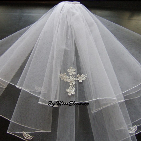 COMMUNION veil Girls 2Tier PENCIL edge 20"25" long Girls Communion Veil with cross motif White & Ivory Girls First Communion Veil