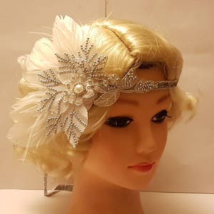 Gatsby Headband, 1920s Flapper Headpiece, Bridal wedding fascinator,  Crystal & Silver Beaded  1920 40s Sparkly Gatsby Boho Feather Headband