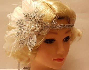 Gatsby Headband: Crystal & Silver Beaded Flapper Headpiece with Feathers