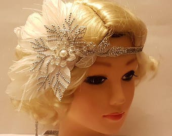 Gatsby Headband, 1920s Flapper Headpiece, Bridal wedding fascinator,  Crystal & Silver Beaded  1920 40s Sparkly Gatsby Boho Feather Headband