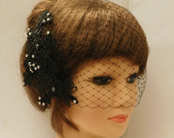 Lace Birdcage Veil: Rhinestone Pearl Wedding Hairpiece