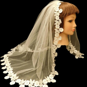 Brautschleier, 1-Tier-Spitzenrand Kommunionschleier, 23 &quot;lang Mädchen Schleier zur Kommunion, Weiß, Elfenbein, Mädchen Kommunionschleier, Mantilla Schleier