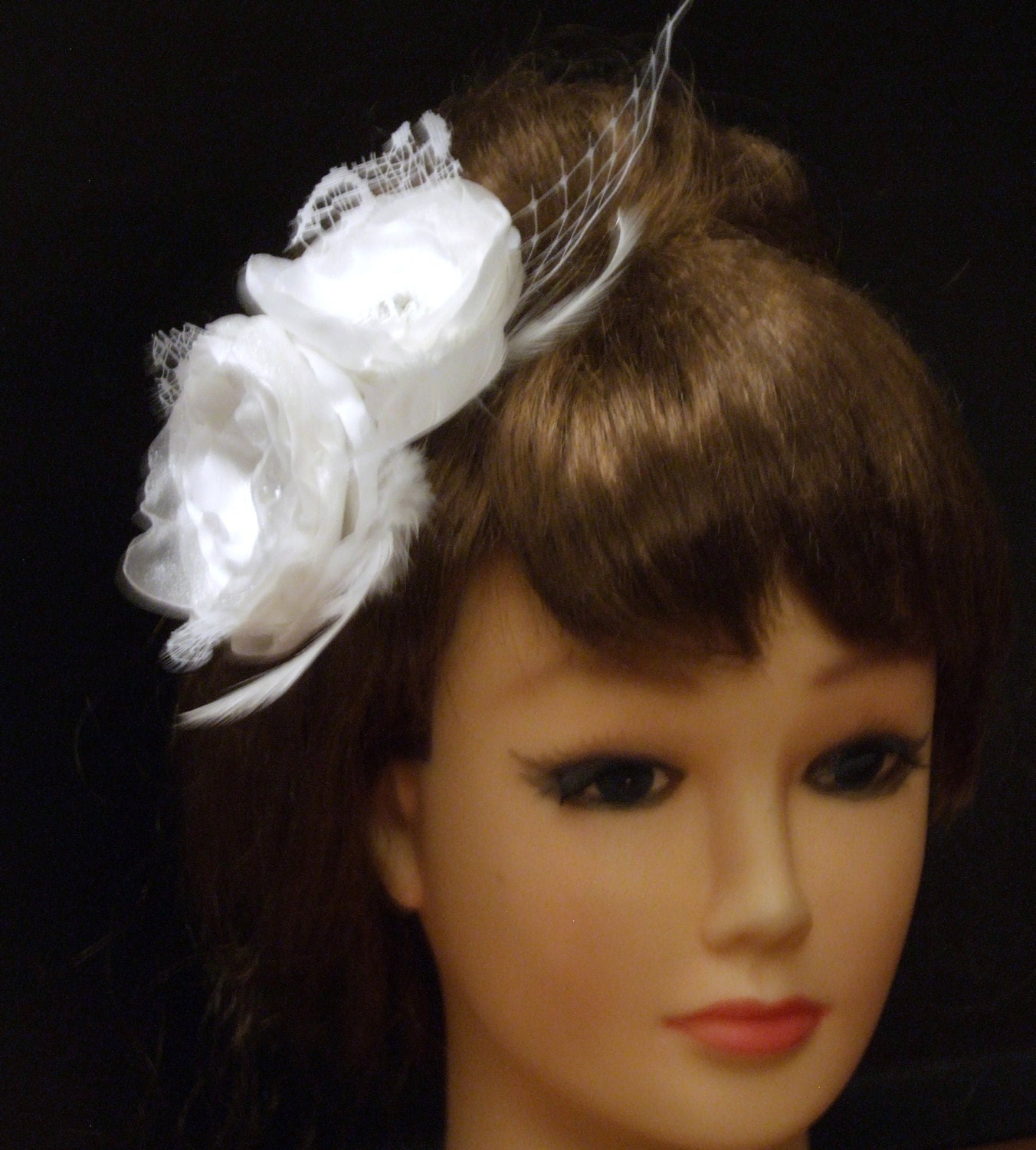 Vintage White Organza Feather Fascinator Hair Clip Floral Wedding Tea Party Pearl & Feather Hair Clip, White Organza Flower, Bridal  main image 2