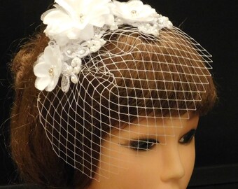 Lace Bridal Fascinator: Crystal Pearl Jewel Mini Birdcage Veil