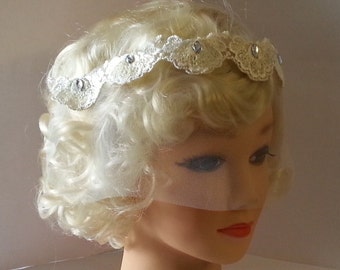 Bridal Tulle Birdcage Veil Headband: Embroidery Lace, Crystal Adorned
