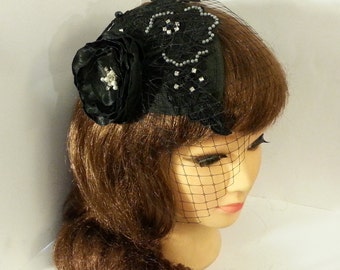 Black Lace Fascinator: Teardrop Mini Birdcage Veil, Rhinestone Pearl