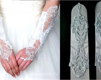 Perlen Perlen Spitze Brauthandschuhe: Fingerlose Satin Hochzeit Handschuhe